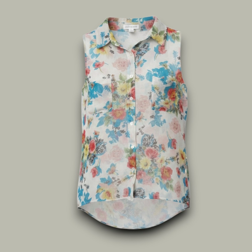 Ambiance Apparel Blouse Womens White Floral L Sleeveless Sheer Femninine Chic